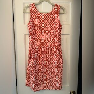 Jude Connally orange and white geometric dress; scoop back.  Size M.